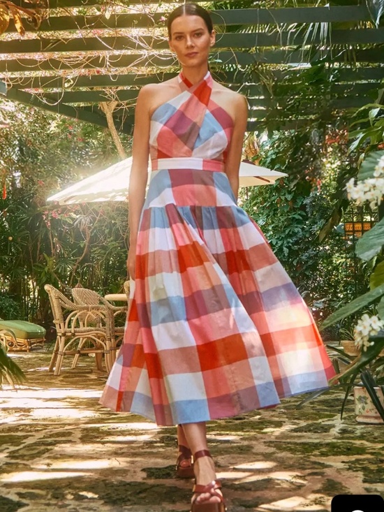 HUNTER BELL Dresses & Skirts - HUNTER BELL Multicolor Gingham Halter Backless Midi Dress
